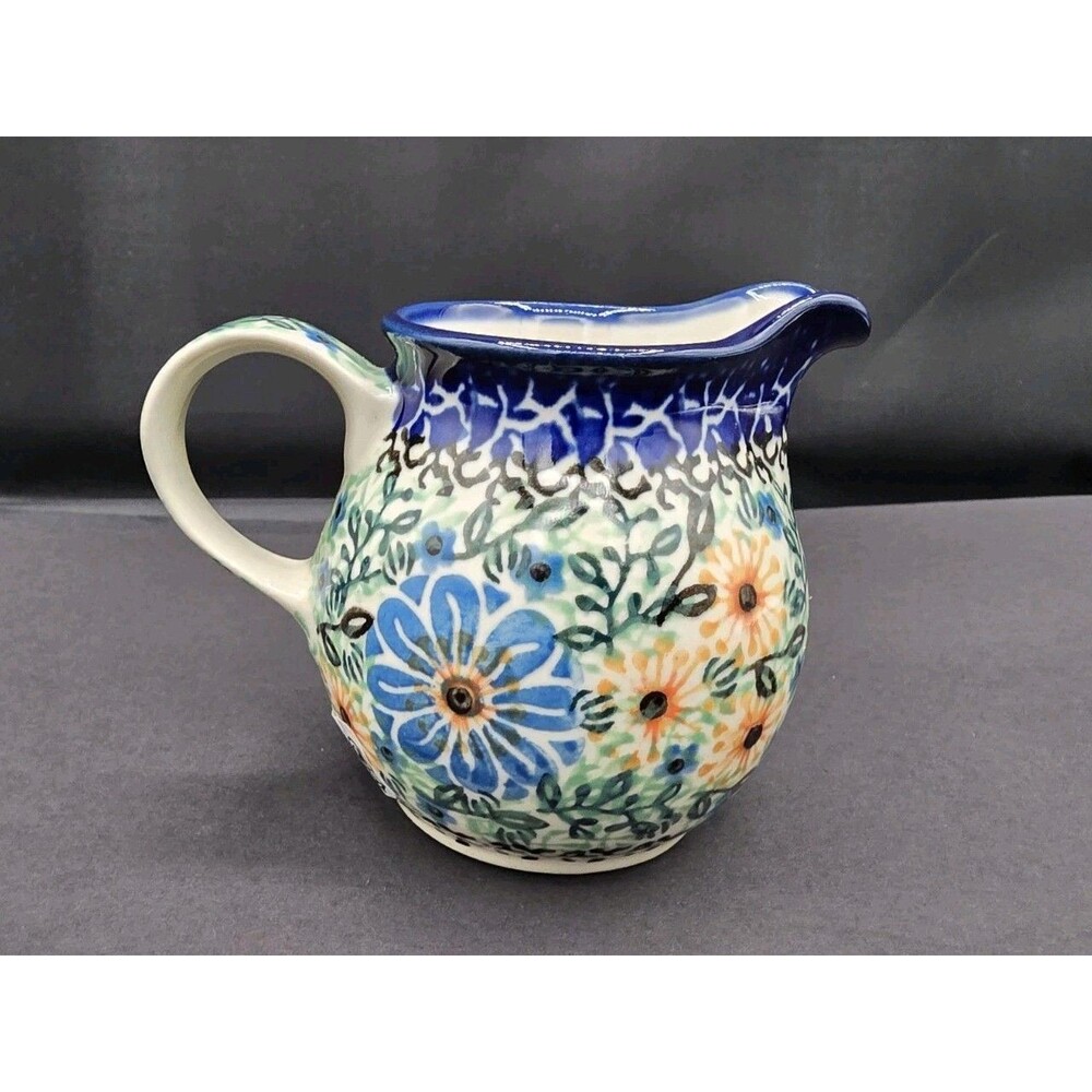 Polish Pottery Unikat 1856 Floral Handpainted Creamer Small Pitcher